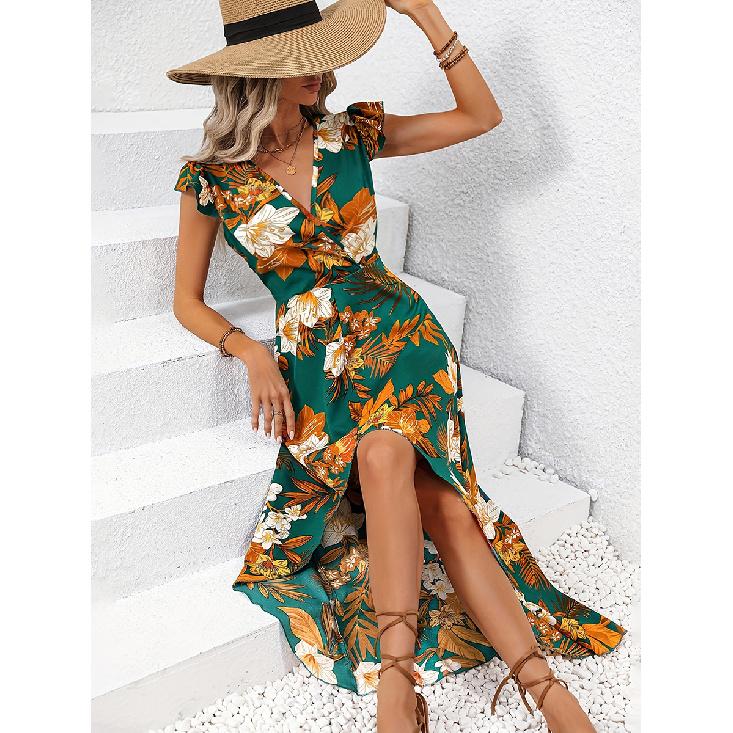 Women's Fashion 2025 Summer Vacation Style European and American Floral Split Mid-Length Dress