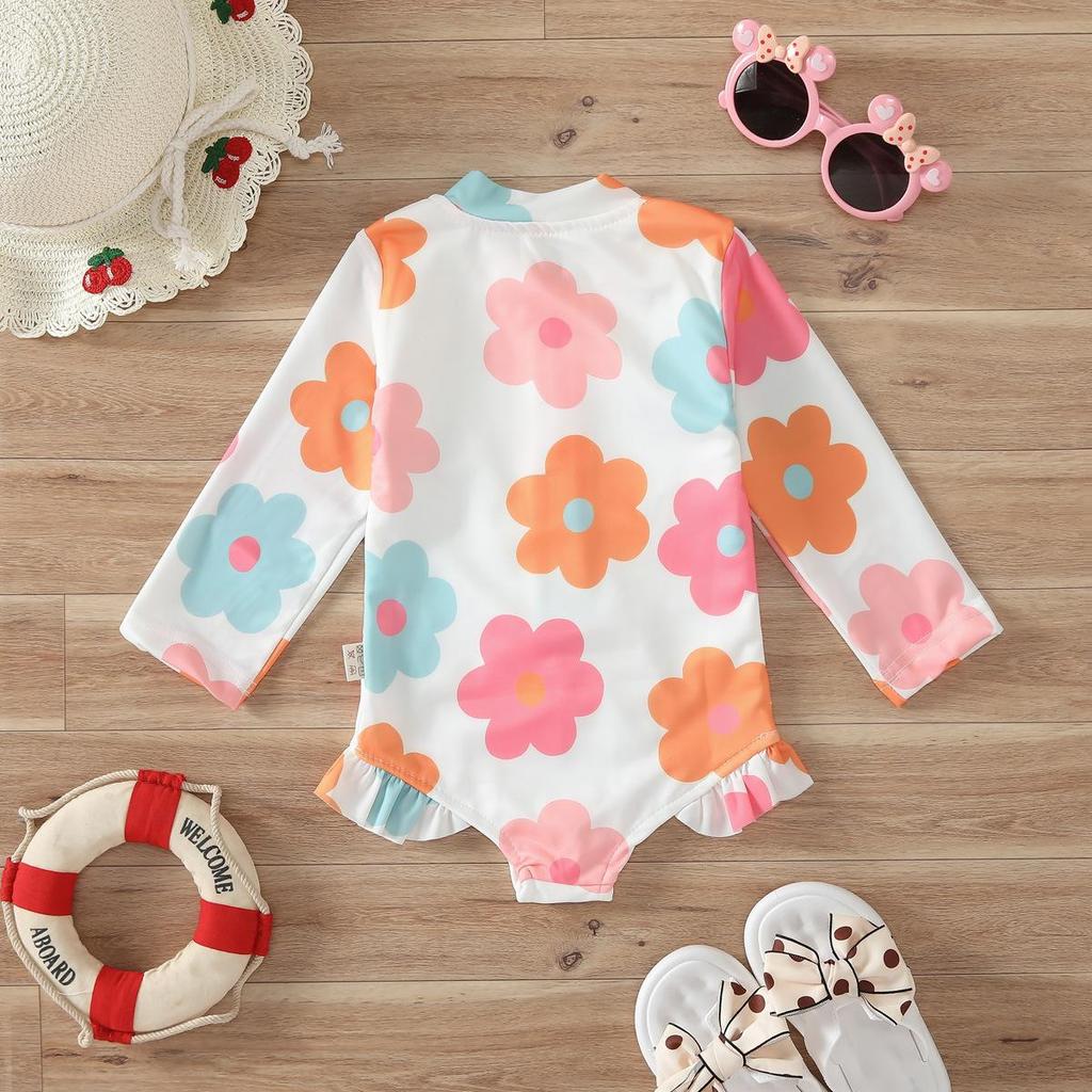 Kids Baby Girl Swimsuits Summer 2024 Floral Long Sleeve Zipper Ruffles Jumpsuit Swimwear Beachwear Bathing Suits