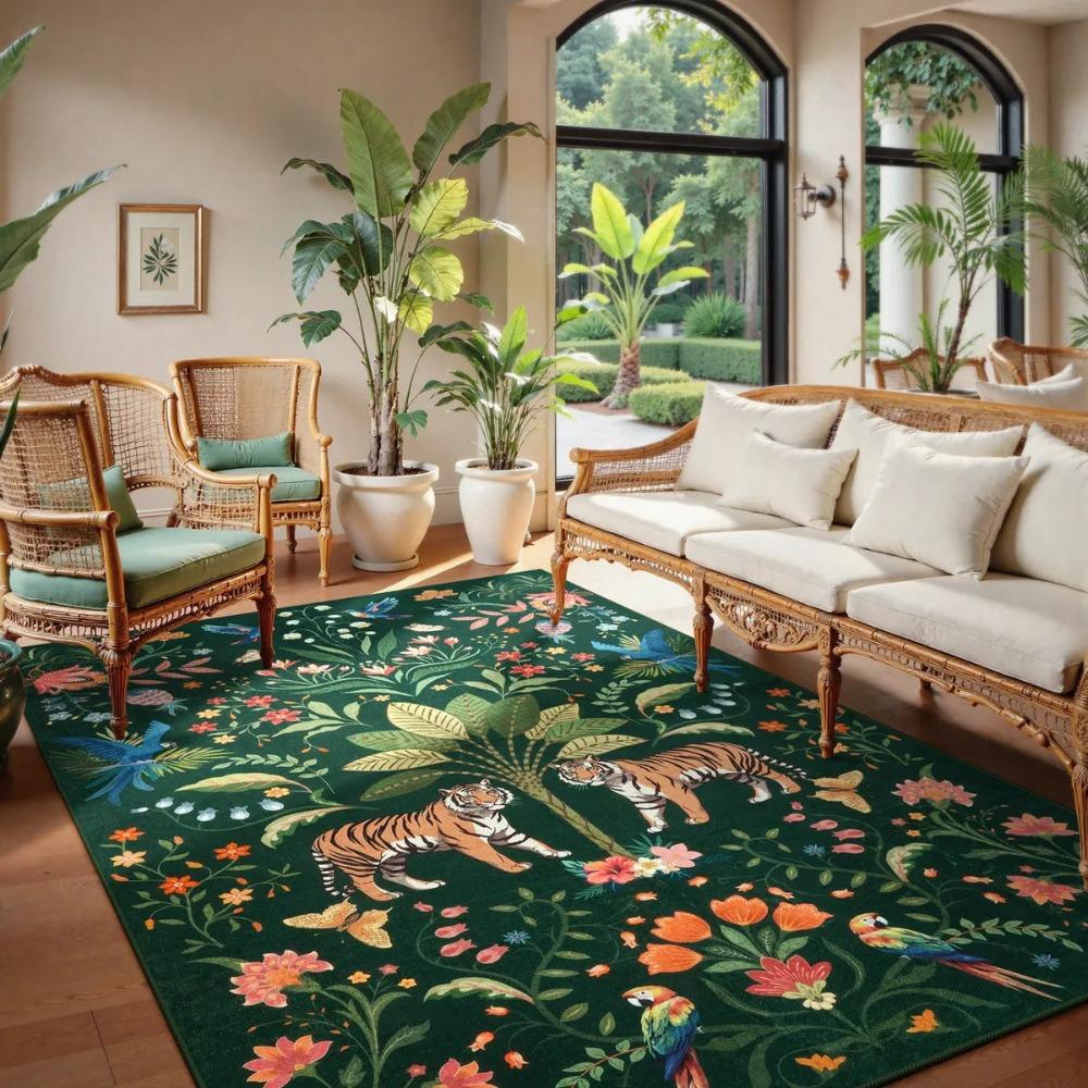 Modern Living Room Washable Jungle Tropical Tiger Beige Rug Bedroom Bohemian Style Animal Plant Carpet Retro Home Decoration Rug