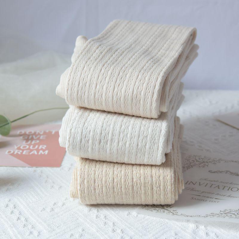 Women's Thickened Japanese Style Cable Knit White Tights with Plus Velvet & Warm Milk White JK Socks for Autumn/Winter