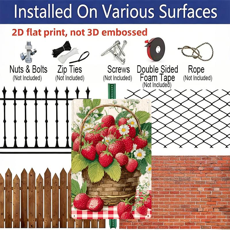 2D Flat Decorative Sign Plaque | Strawberry Welcome Garden Aluminum Sign, Strawberry and Basket Garden Decor, Summer Fruit Theme Yard Sign Lawn Sign