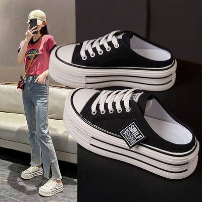 Platform Canvas Shoes New Heelless Lazy Half Slippers One Pedal White Shoes Bag Head Half Slippers