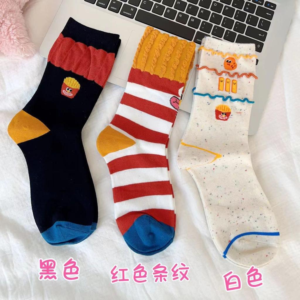 Dongdaemun Stesso Stile Calzini con Patatine Sono Divertenti e Carini, Calzini Trendy in Cotone, Design di Nicchia, Calzini a Righe Ondulate con Pizzo