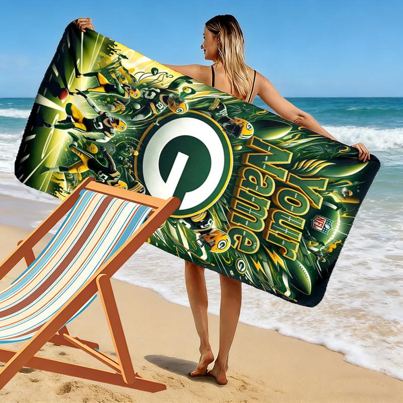 Name Custom Green Bay Packers Logo Print Beach Towel, Large Soft Quick Dry Towel for Beach Camping Swimming