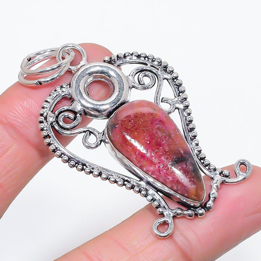 Natural Rhodonite Gemstone 925 Sterling Silver Jewelry Pendant 2.44" p1m90