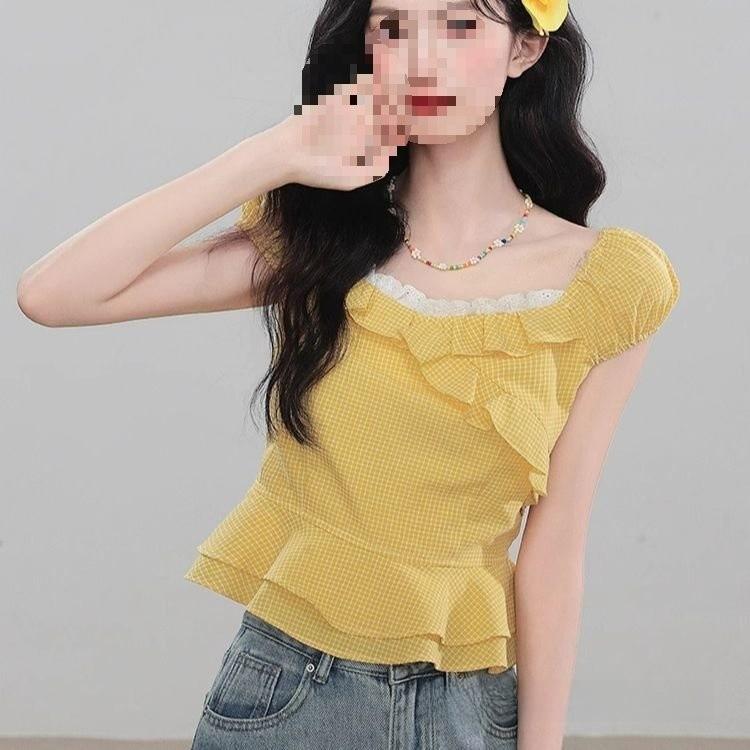Short Sleeveless French Vintage Blouse With 3d Pattern For Summer Casual Wear