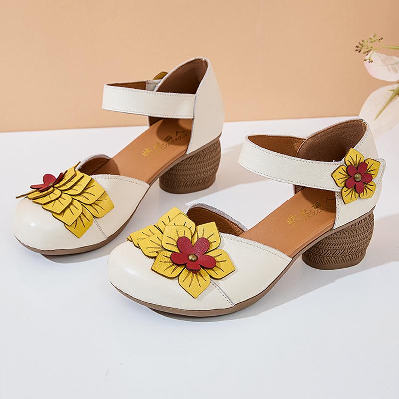 GKTINOO 2025 Ethnic Style Comfortable High Heels Women Summer Sandals Flower Genuine Leather Mom Women's Shoes Non-slip