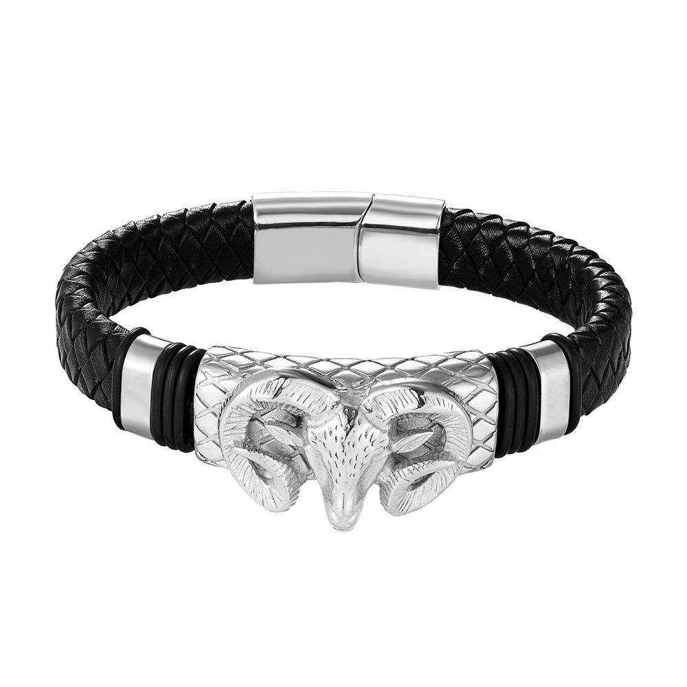 2026 European and American Men's Constellation Leather Bracelet Woven, Fashionable Titanium Steel Leather Rope Bracelet Men