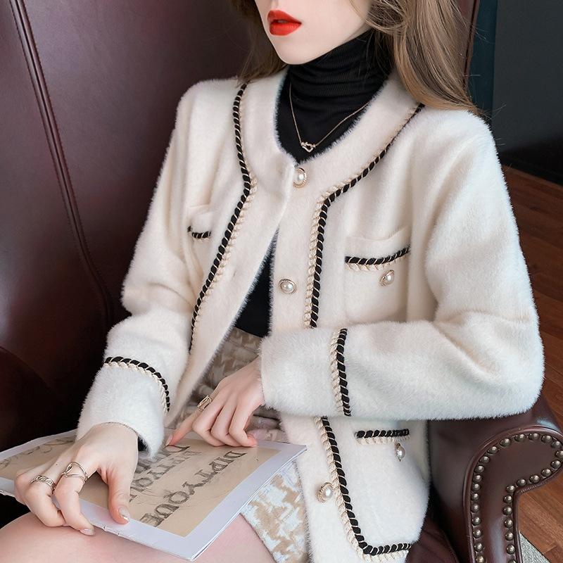 Autumn and Winter Sweater Imitation Mink Fleece  Jacket Women's Blouse French Small Fragrance Knitted Jacket Coat