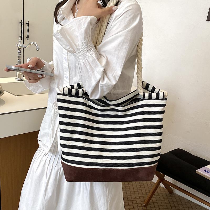 Striped Tote Bag Rope Handle Casual Beach Shoulder Purse Large Capacity