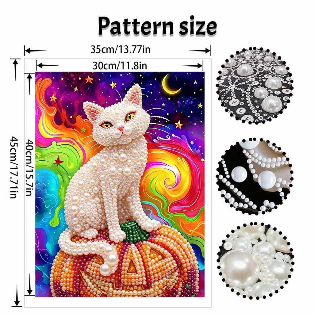 Halloween Pearl Painting Art White Cat On Pumpkin Full Pearl Handmade Diy Home Decorations
