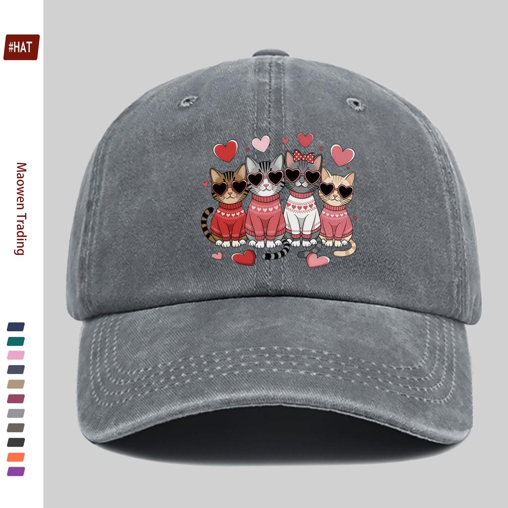 Pc Cat Print Baseball Cap with Heart Eyes Cool Cute Pet Style Printed Sun Hat Hunting Decor Hat Adjustable Strap MultiColo