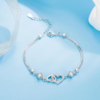 925 Sterling Silver Heart-Shaped AAA Zircon White and Purple Bracelet Fashion Gift Jewelry