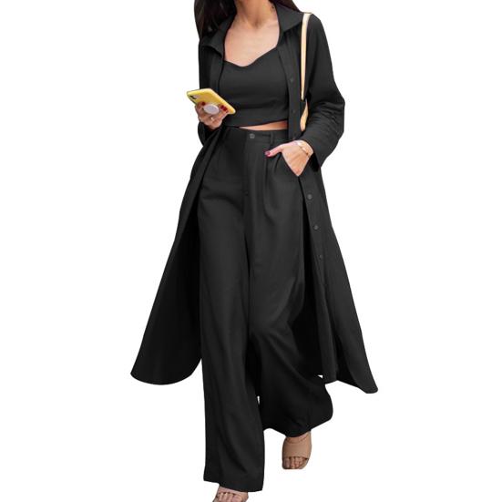 Set 3 Pezzi/Set Top Pantaloni Cappotto Donna Colore Unico Scollo a V Profondo Corto