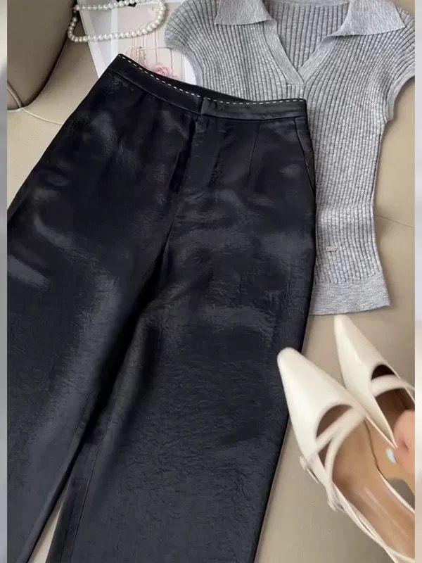 

Women s Black Satin Wide-Leg Trousers - Loose, Versatile, and Drape-fit Extra Large чёрный