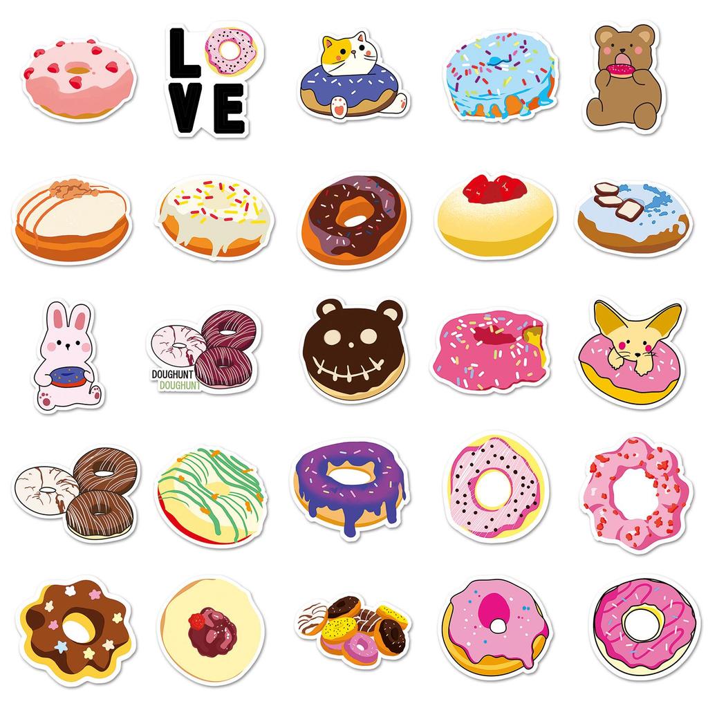50 Original Donut Cartoon Stickers - Cute, Waterproof for Journals, Notebooks, Water Bottles, and Phones