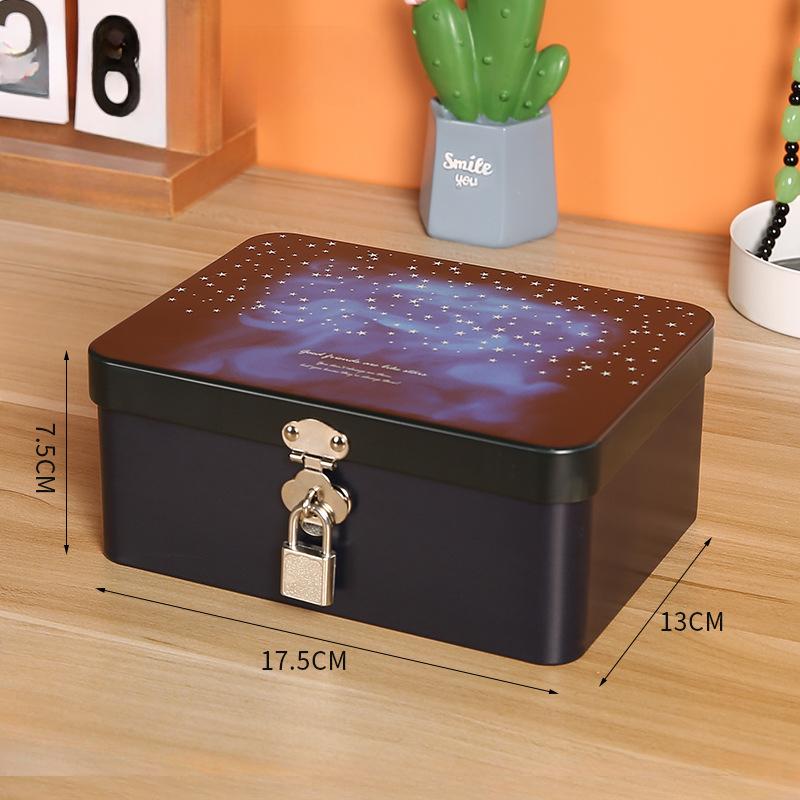 Iron Box with Lock and Key Desktop Storage Box Retro Tinplate Cosmetics ID Storage Household Jewelry Storage Empty Box