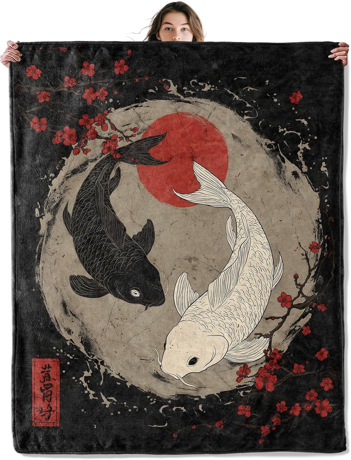 

GUOYU Blanket Koi Fish Throw Blanket Soft Cozy Lightweight Flannel Blankets with Red Floral and Sun Printed for Adults Bedroom Dorm Office 75x100cm (30x40inch)