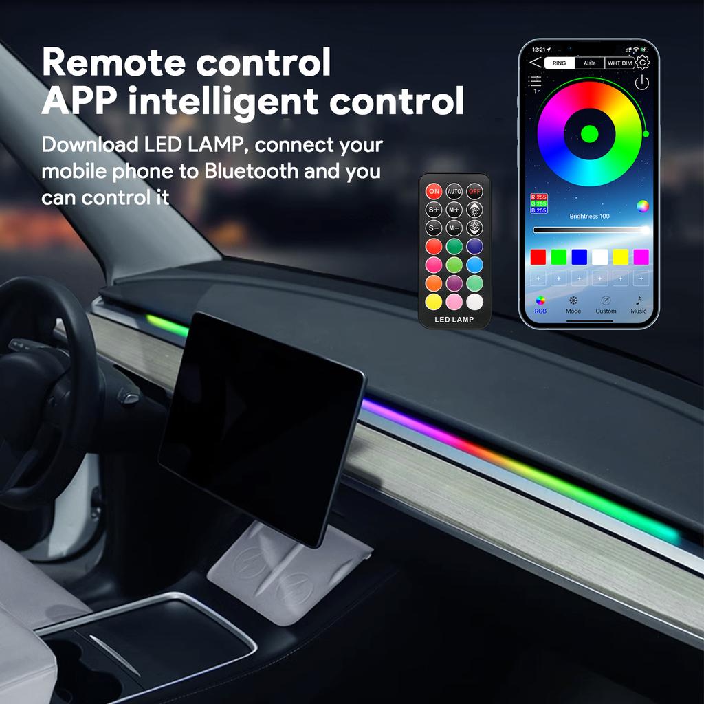 Für Tesla Model 3 Y 2021-2023 Armaturenbrett Ambientebeleuchtung USB-Anschluss Bluetooth APP-Steuerung Mehrfarbige Innenraumdekoration Auto Zubehör