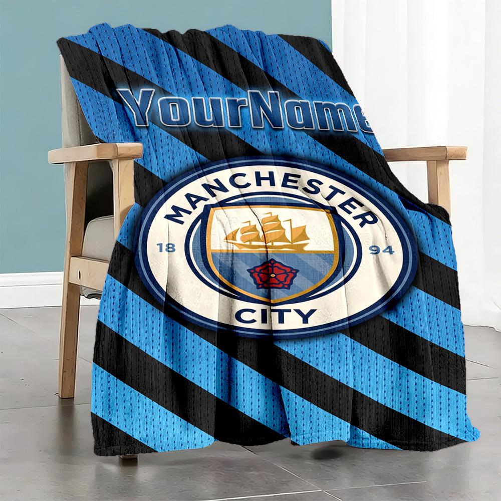 Manchester City Customize Text Blanket Cozy Customizable Blanket Ultra-Soft Great for Office Chair Living Room Home Decor Bedding
