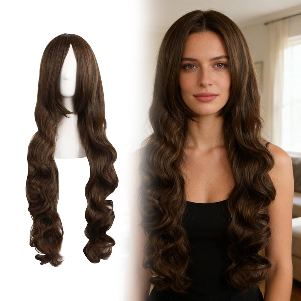 80cm Long Curly Brown Cosplay Wig Natural Looking Comfortable Synthetic Lace Wig for Daily Wear Weekend Trip & Lolita Dress-up