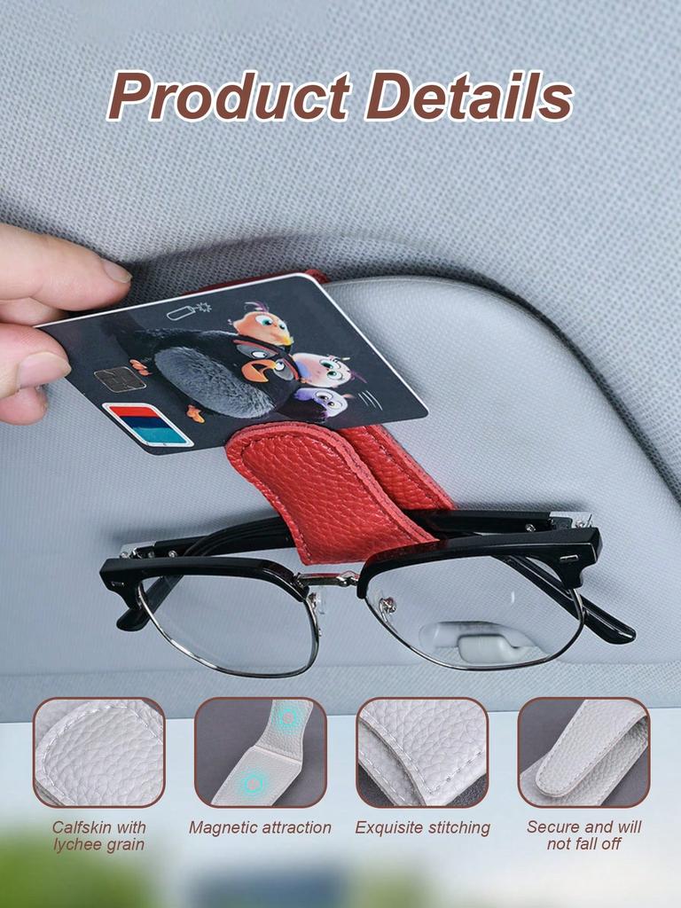 Car Sun Visor Glasses Clip, Magnetic Leather, One-Hand Operation, No-Damage Install, Fits All Vehicles, Eyeglass & Card Holder