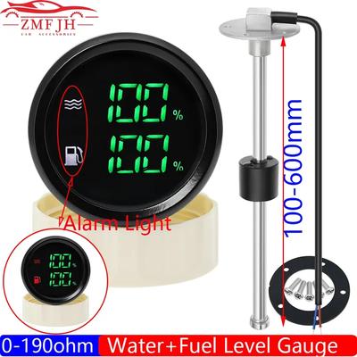 Waterproof Dual Gauge with Alarm Light 52mm Water Level+Fuel Level Gauge for Fuel Float Level Sensor 0-190 Ohm Boat Car