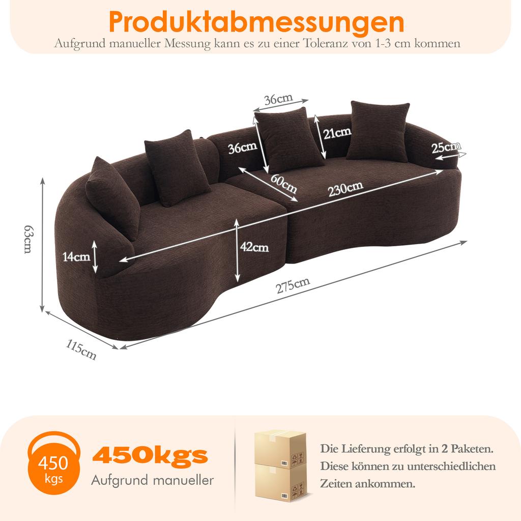 Curved Sofa 4-Seater – Modern Chenille Modular Sofa in a Box, Comfortable & Space-Saving for Living Room & Apartment, No Assembly Required – Brown