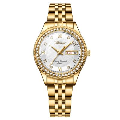Stylish Stainless Steel Watch In Analog 3ATM Water Day Quartz Fashion Accessory Perfect Gift for or Lover Women's Gold Display, Calendar, Resistance,