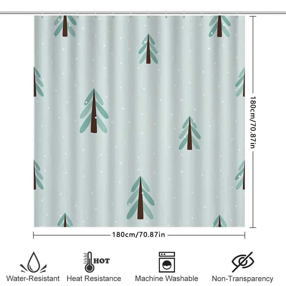 Winter-Themed Shower Curtain Made With Waterproof Polyester Fabric Featuring A Cute Christmas Tree Print In Mint Green And Brown
