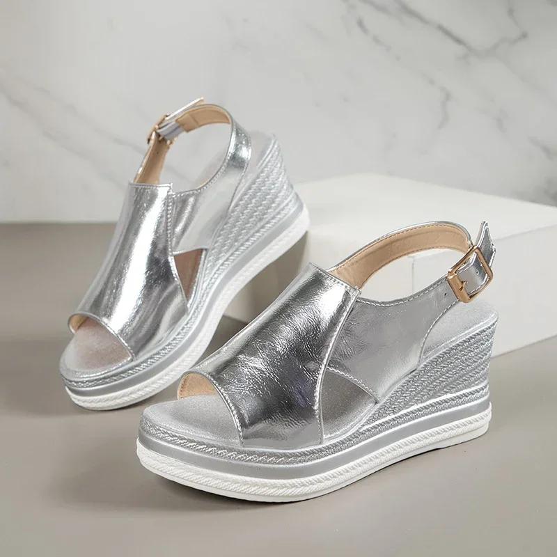 Peep Toe Wedge Sandals Women Summer Back Strap Buckle Platform Sandles Woman Fashion Thick Sole Sandalias Roman Shoes 2024