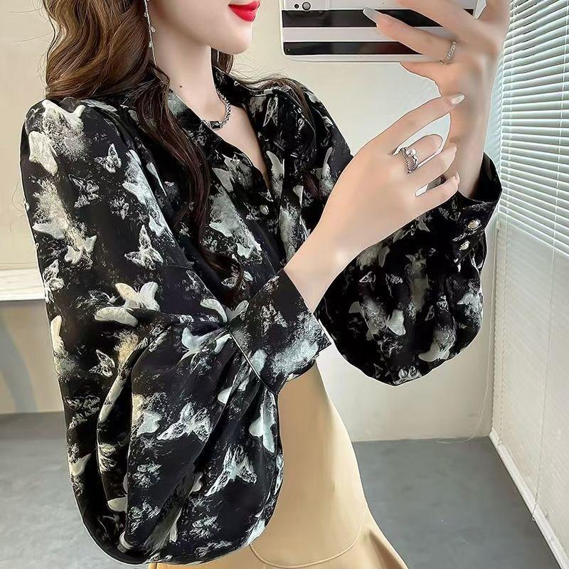 Retro Women's Printed Shirt Slim-fit Lantern Sleeve Floral Shirt Collared Chiffon Shirt Spring