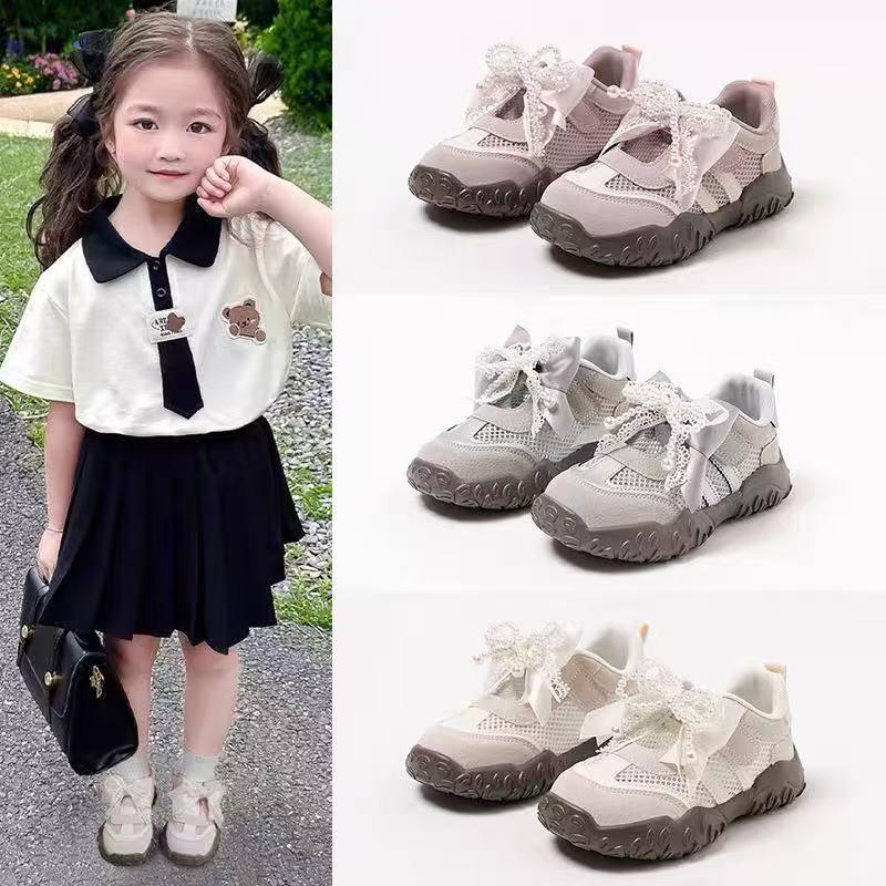 Girls' Sports Shoes Spring/Summer Stain-resistant Soft Sole Breathable Mesh Shoes Cute Bow Casual Shoes
