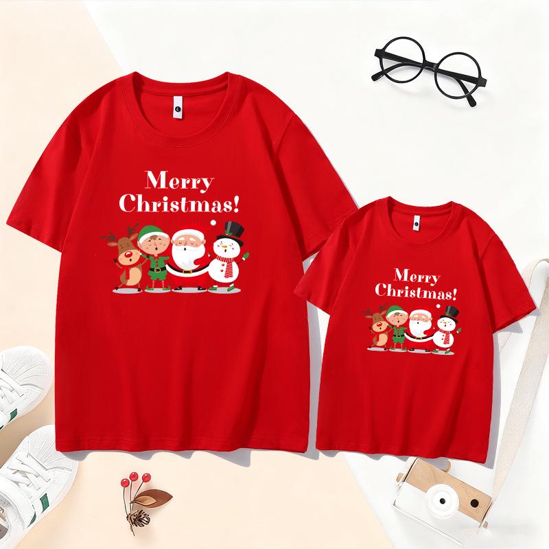 2026 Christmas Parent-Child T-Shirt - Santa & Reindeer Design for Families of 3-4, Pure Cotton, Short-Sleeve