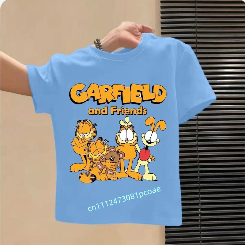 Garfield's new children's pure polyester short-sleeved boys' sports shirt, girls' casual top with cartoon print, summer T-shirt