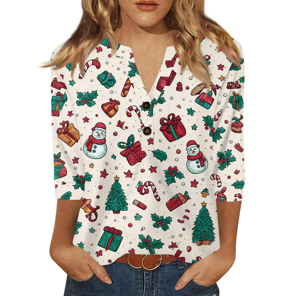 Women's T Shirt Print Button 3/4 Sleeve Daily Weekend Fashion Basic V- Neck Regular Top