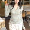 Contrasting Colors Vintage Striped T-shirts Women's Clothing Half Open Collar Autumn Stylish Button Slim Long Sleeve Pullovers