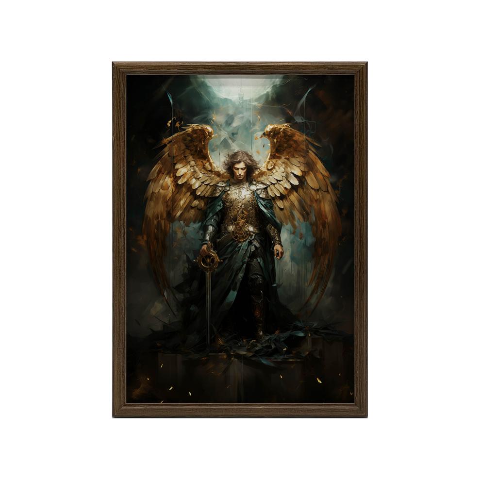 Plakat Święty Michał Archanioł: Blask Złotego Miecza Plakat Święty Michał Archanioł: Blask Złotego Miecza, 30X40 Cm, Rama Aluminiowa Czarna, Papier Ma