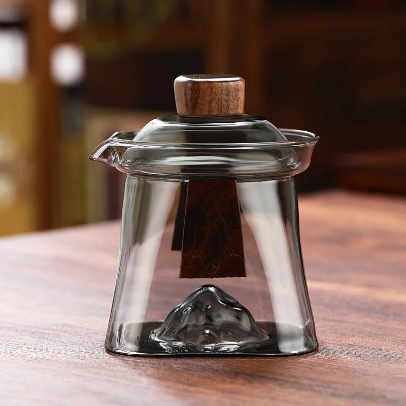 Heat-resistant Glass Gaiwan Tea Tureen with Scald Proof Wood Chips Simple Kung Fu Tea Set Bottom Mountain View Tea Cup and Bowl