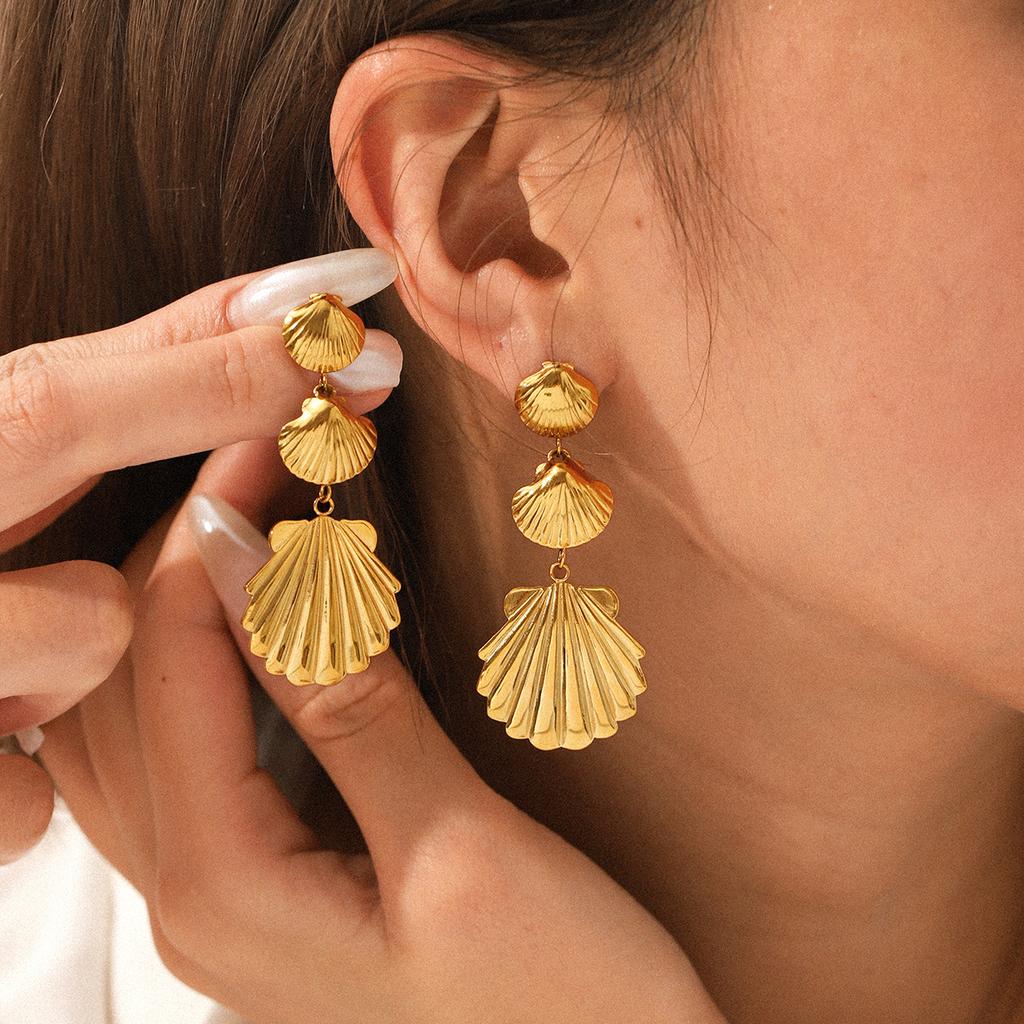18K Gold Stainless Steel Shell Stud Earrings, Titanium Steel Tassel Drop Earrings, Western Ins Ocean Style Ear Jewelry