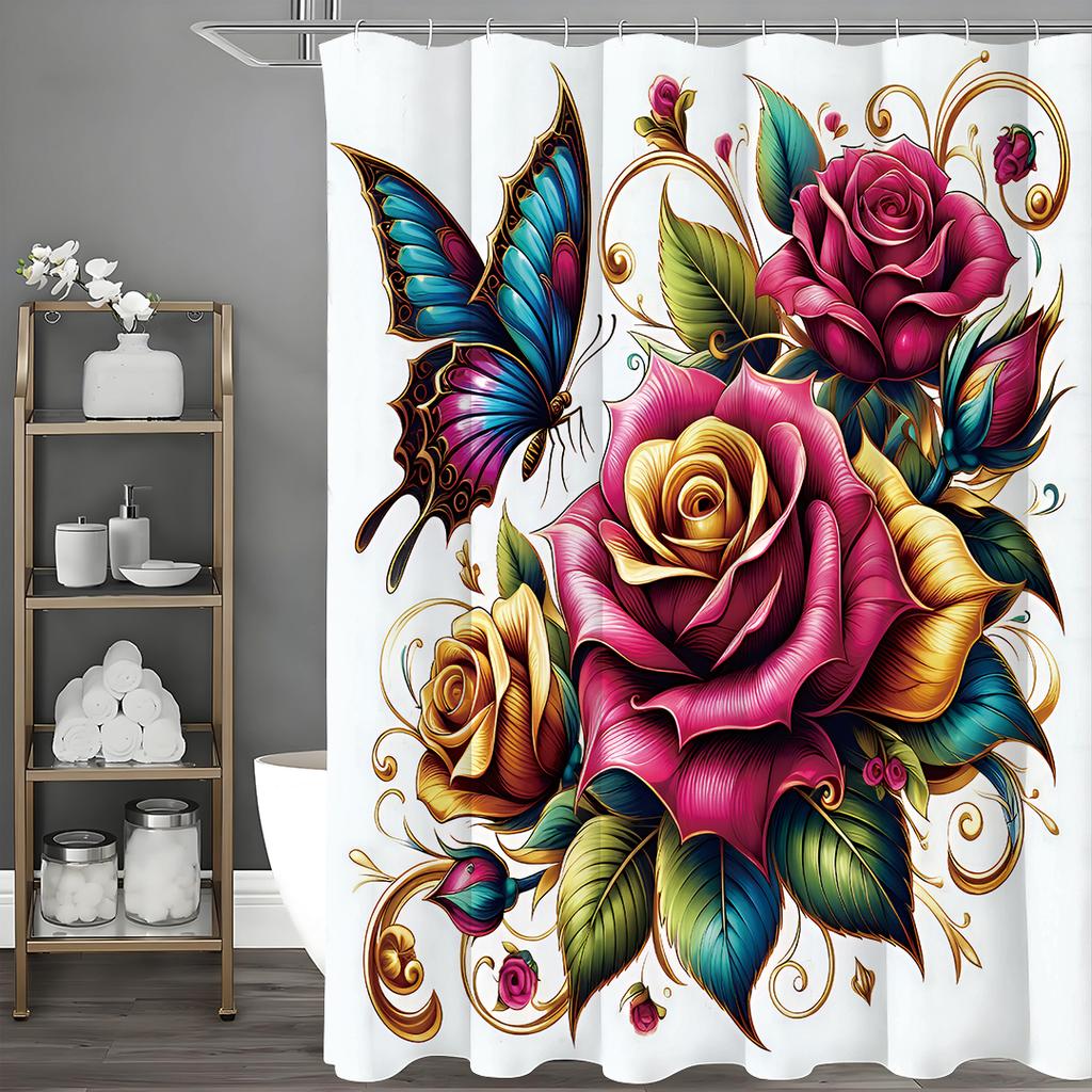 Butterfly Flower Shower Curtain, Bathroom Decorative Shower Curtain, Waterproof Shower Curtain with Hooks