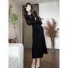 Black Knit Midi Dress Women High Waist U-Neck Long Sleeve Bodycon Elegant Office Wear Winter 2025