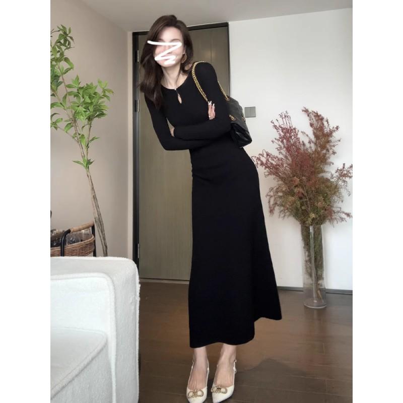 Black Knit Midi Dress Women High Waist U-Neck Long Sleeve Bodycon Elegant Office Wear Winter 2025
