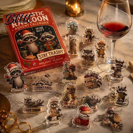 Einzigartige Weihnachtsgeschenke Waschbär Adventskalender 24 Tage 2D Acryl-Ornament Countdown Lustige Feiertagsgeschenke für Freunde Sammlerstück Niedliche Anhänger