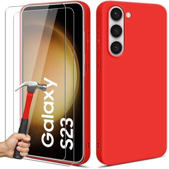 Coque de protection - Efconnection - pour Samsung Galaxy S23 - Silicone souple - Rouge - 2 Verres Trempés