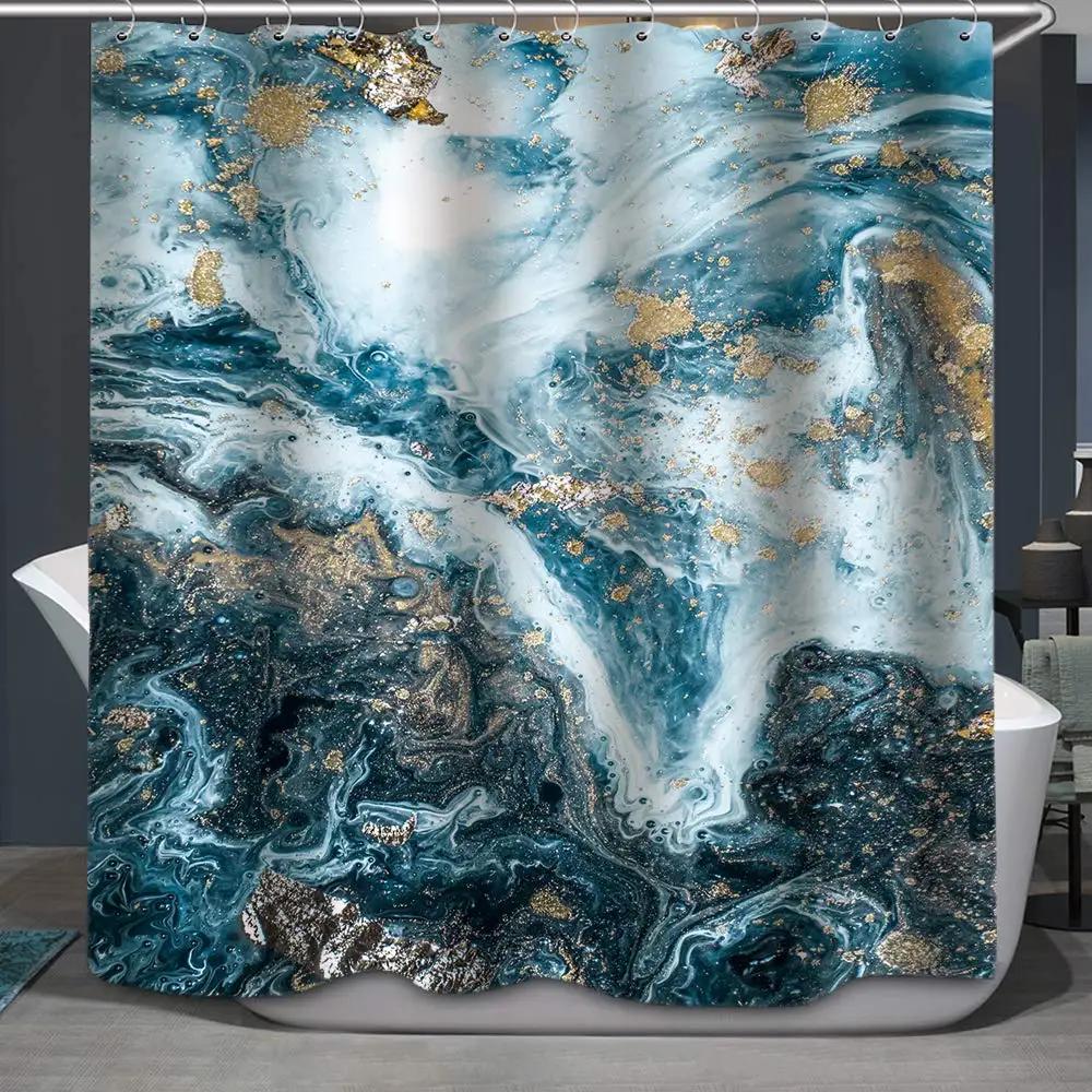 Grey Gold Marble Ink Texture Shower Curtain Set Abstract Modern Shower Curtain for Bathroom Decor Waterproof Washable Fabric