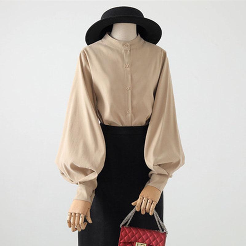 

Весенне-осенняя женская рубашка, однобортная рубашка в стиле ретро, ​​воротник-стойка, темперамент, рукава-фонарики, свободная повседневная рубашка, блузка S хаки