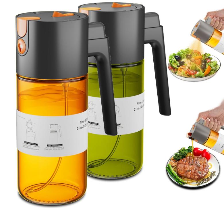 2-in-1 cooking oil sprayer, available in brown and green. Suitable for olive oil, vinegar, and soy sauce; features a 17-ounce