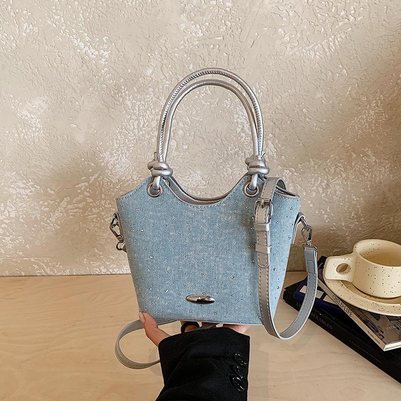 Denim bucket bag 2026 new commuter fashionable portable shoulder oblique span bag Korean fashion tote bag