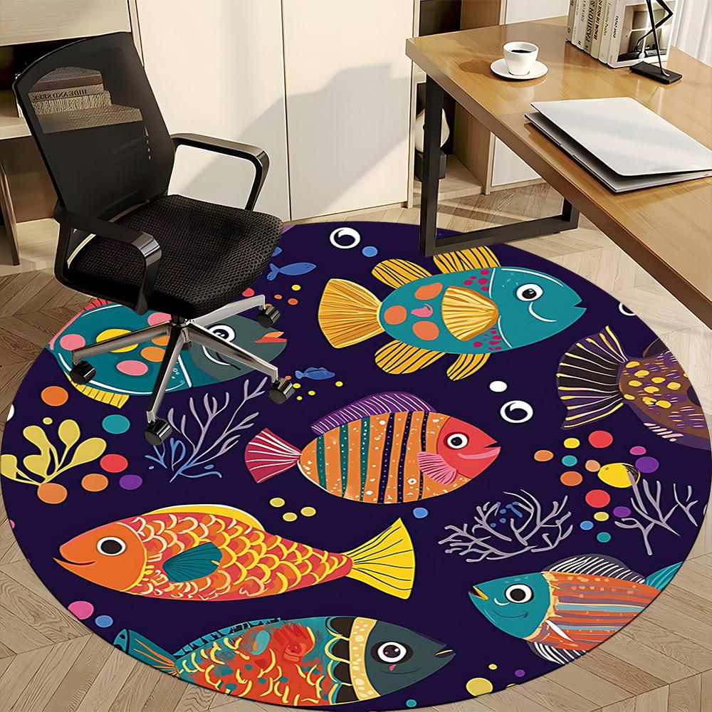 1PC Oceanarium Fishes Office Round Area Rug, Mat Suitable For Office, Under Office Chairs Bedroom Living Room Home Decor, Room Deco